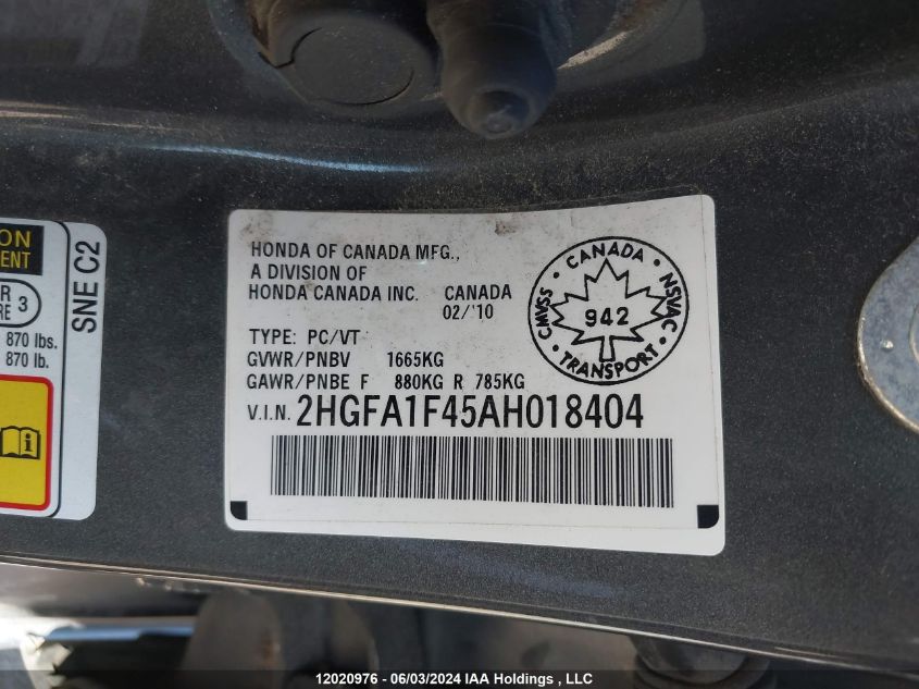 2010 Honda Civic Sdn VIN: 2HGFA1F45AH018404 Lot: 12020976