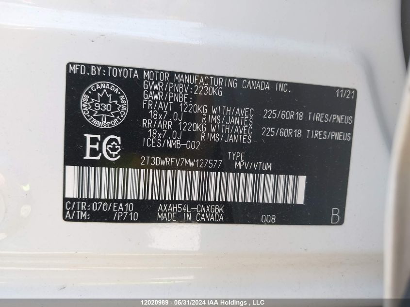 2021 Toyota Rav4 Hybrid Limited VIN: 2T3DWRFV7MW127577 Lot: 12020989