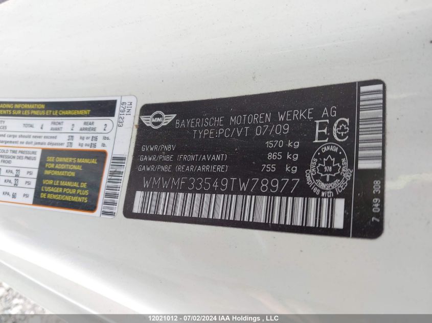 2009 Mini Cooper Hardtop VIN: WMWMF33549TW78977 Lot: 12021012