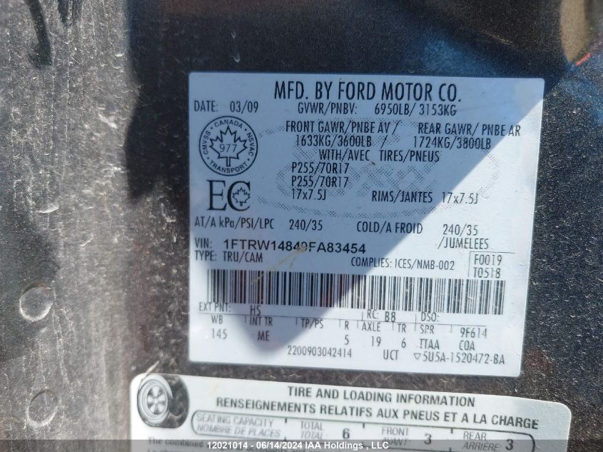 2009 Ford F-150 VIN: 1FTRW14849FA83454 Lot: 12021014
