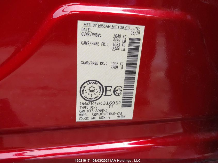 2019 Nissan Leaf VIN: 1N4AZ1CP5KC316932 Lot: 12021017