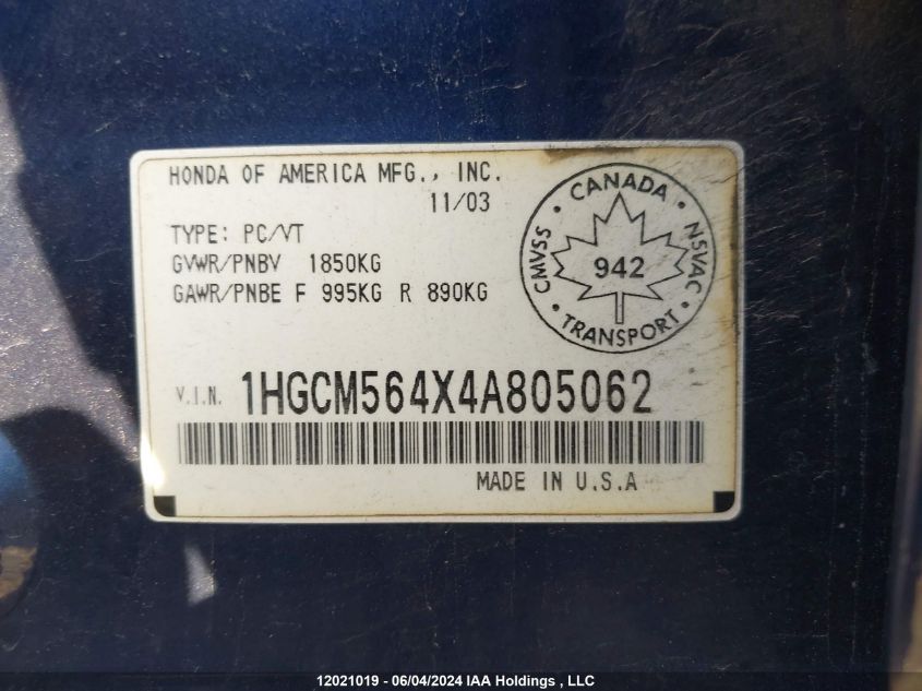 2004 Honda Accord Lx VIN: 1HGCM564X4A805062 Lot: 12021019