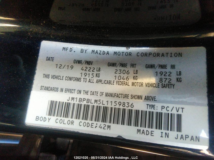 2020 Mazda 3 VIN: JM1BPBLM5L1159836 Lot: 12021020