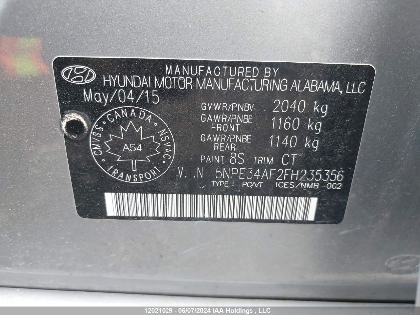 2015 Hyundai Sonata Sport Tech VIN: 5NPE34AF2FH235356 Lot: 12021029