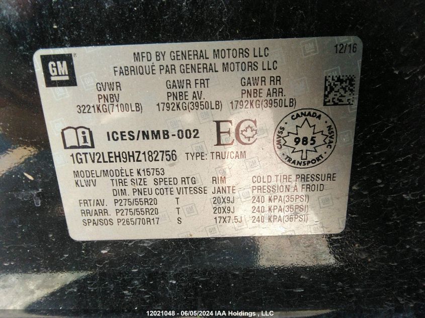 2017 GMC Sierra 1500 VIN: 1GTV2LEH9HZ182756 Lot: 12021048