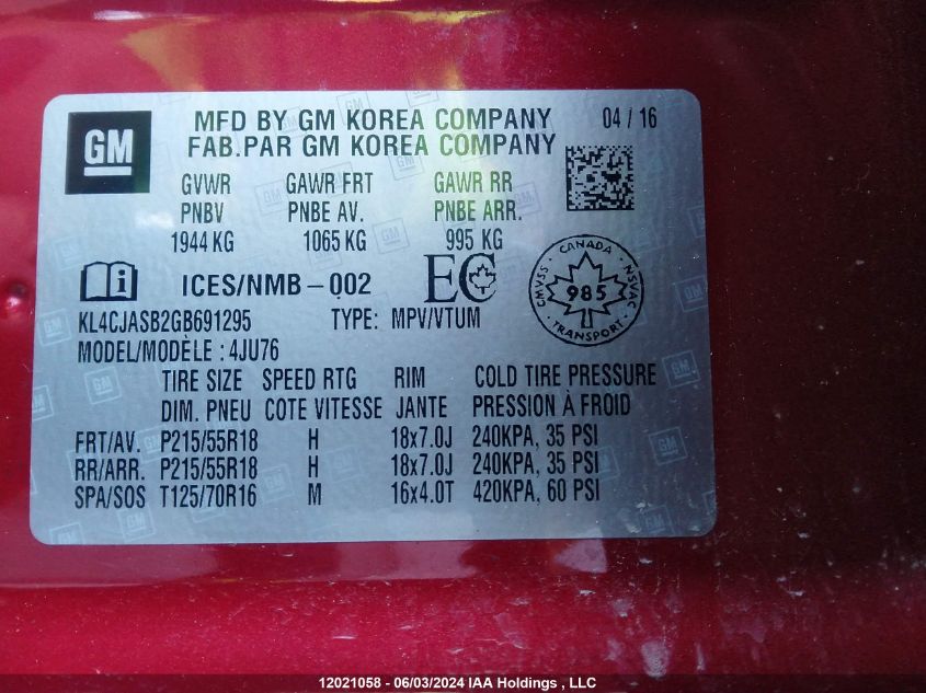 2016 Buick Encore VIN: KL4CJASB2GB691295 Lot: 12021058