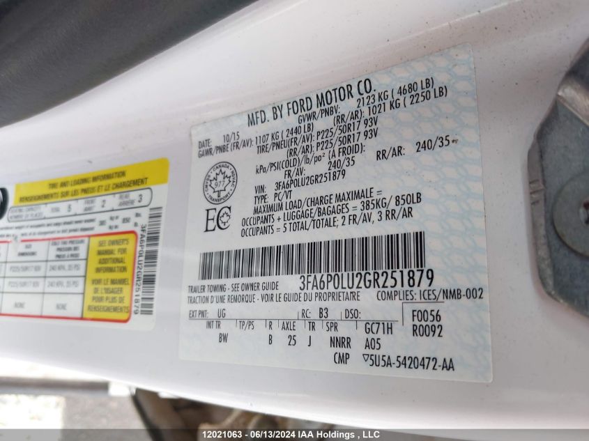 2016 Ford Fusion Se Hybrid VIN: 3FA6P0LU2GR251879 Lot: 12021063