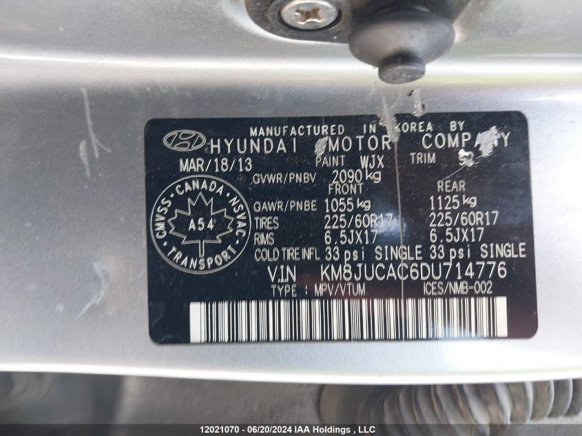 2013 Hyundai Tucson Gls/Limited VIN: KM8JUCAC6DU714776 Lot: 12021070