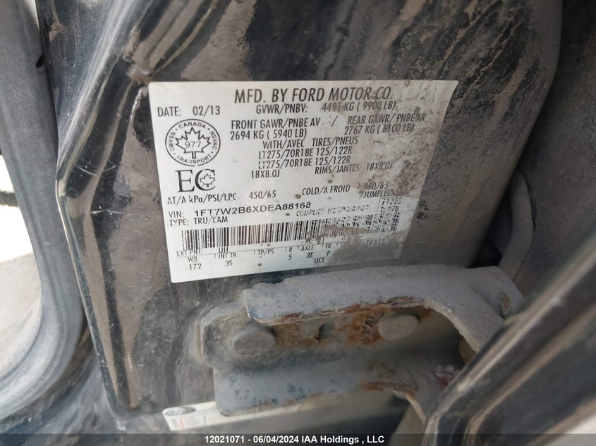 2013 Ford F250 Super Duty VIN: 1FT7W2B6XDEA88168 Lot: 12021071