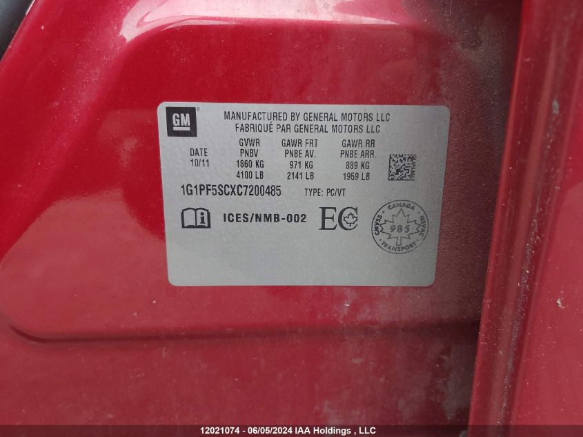 2012 Chevrolet Cruze VIN: 1G1PF5SCXC7200485 Lot: 12021074