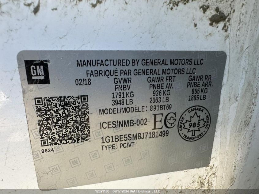 2018 Chevrolet Cruze VIN: 1G1BE5SM8J7181499 Lot: 12021100