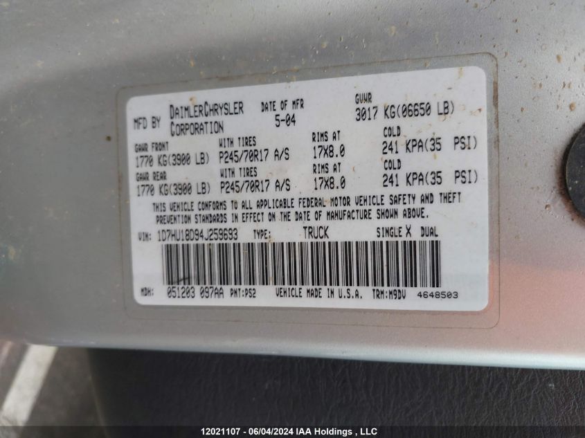 2004 Dodge Ram 1500 St/Slt VIN: 1D7HU18D94J259693 Lot: 12021107