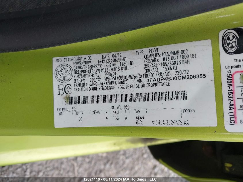 2012 Ford Fiesta VIN: 3FADP4BJ0CM206355 Lot: 12021110