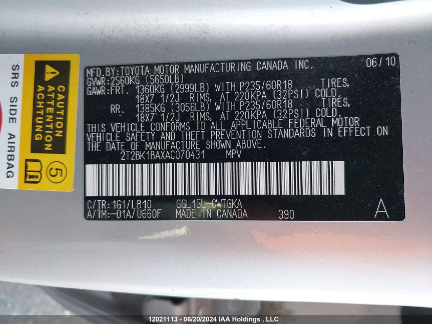 2010 Lexus Rx 350 VIN: 2T2BK1BAXAC070431 Lot: 12021113