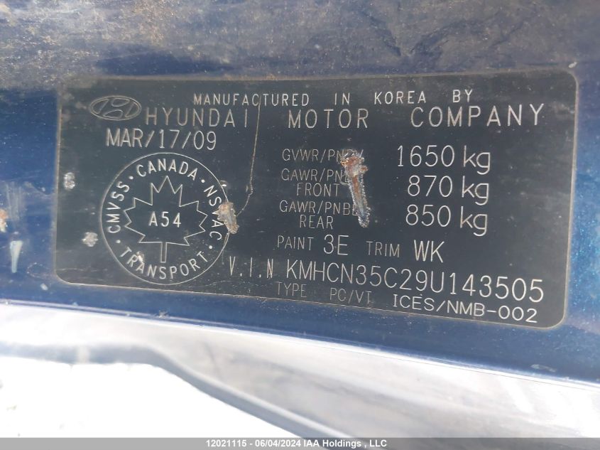 2009 Hyundai Accent VIN: KMHCN35C29U143505 Lot: 12021115