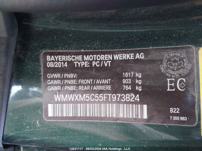 2015 Mini Cooper Hardtop VIN: WMWXM5C55FT973824 Lot: 12021117