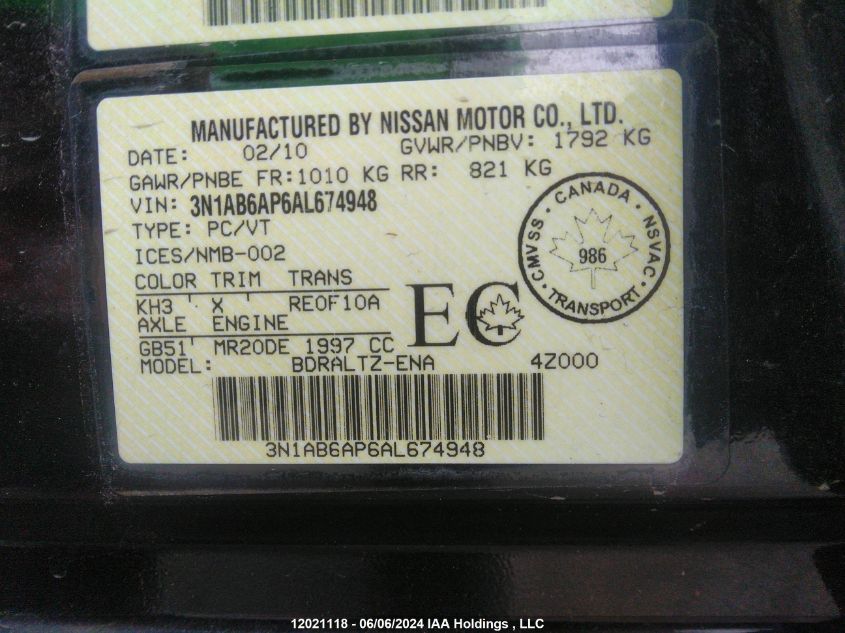 2010 Nissan Sentra VIN: 3N1AB6AP6AL674948 Lot: 12021118