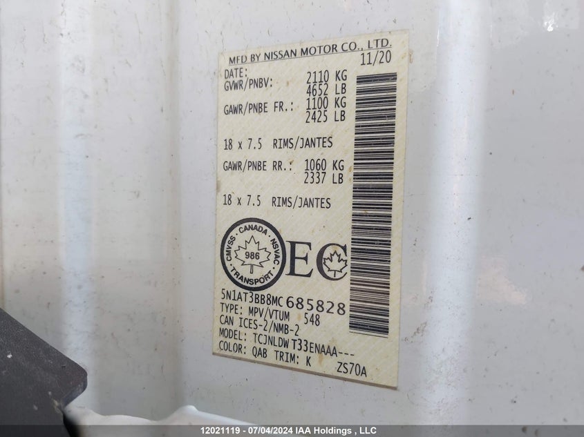 2021 Nissan Rogue Sv VIN: 5N1AT3BB8MC685828 Lot: 12021119