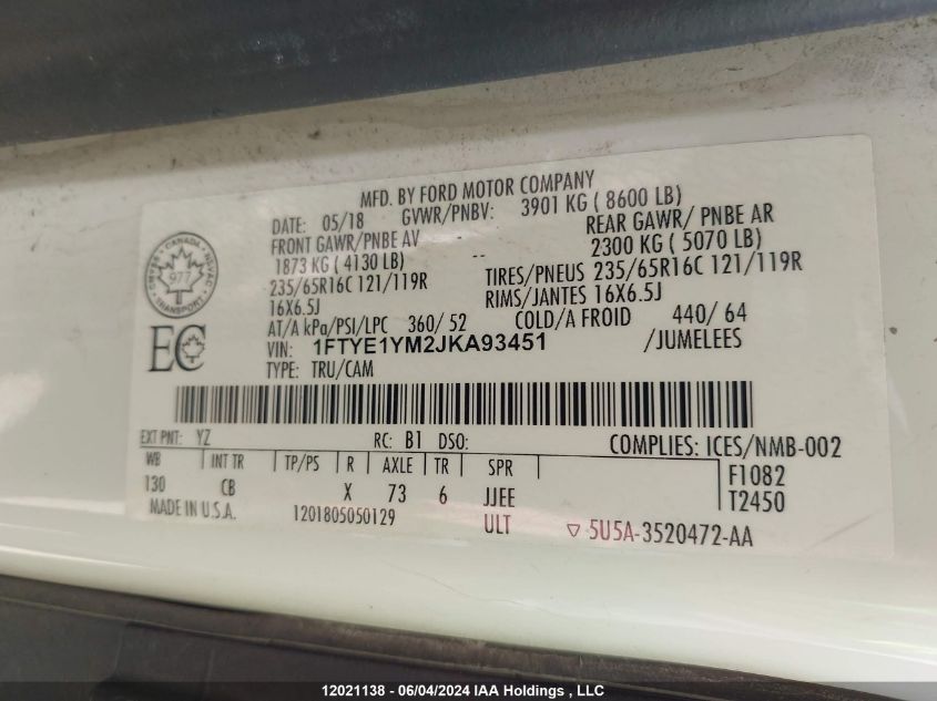 2018 Ford Transit T-150 VIN: 1FTYE1YM2JKA93451 Lot: 12021138