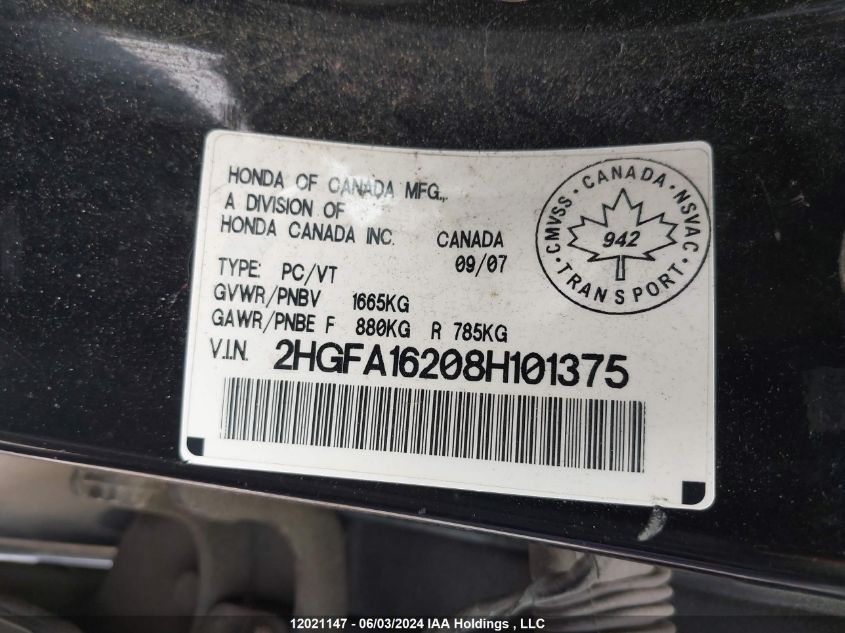 2008 Honda Civic Sdn VIN: 2HGFA16208H101375 Lot: 12021147