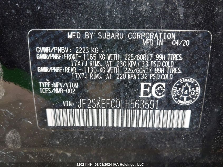 2020 Subaru Forester VIN: JF2SKEFC0LH563591 Lot: 12021149