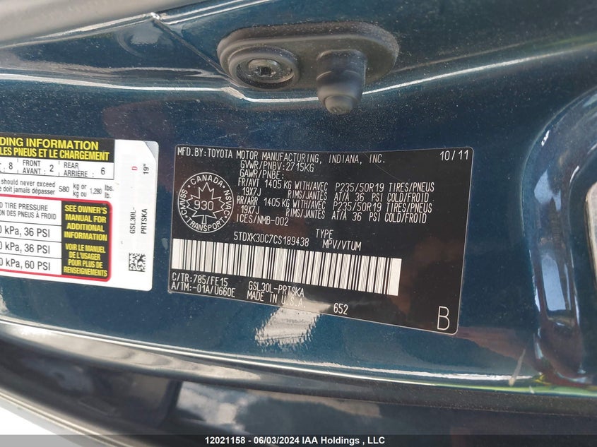 2012 Toyota Sienna Sport VIN: 5TDXK3DC7CS189438 Lot: 12021158