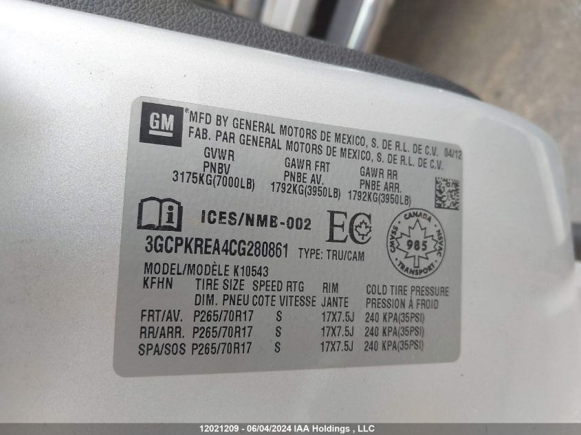 2012 Chevrolet Silverado 1500 VIN: 3GCPKREA4CG280861 Lot: 12021209