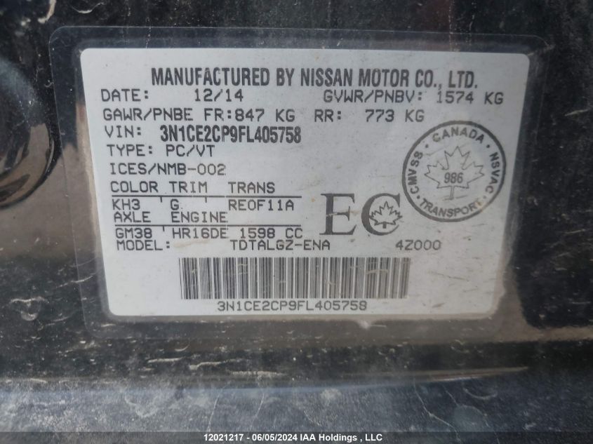 2015 Nissan Versa Note S/S Plus/Sv/Sl/Sr VIN: 3N1CE2CP9FL405758 Lot: 12021217