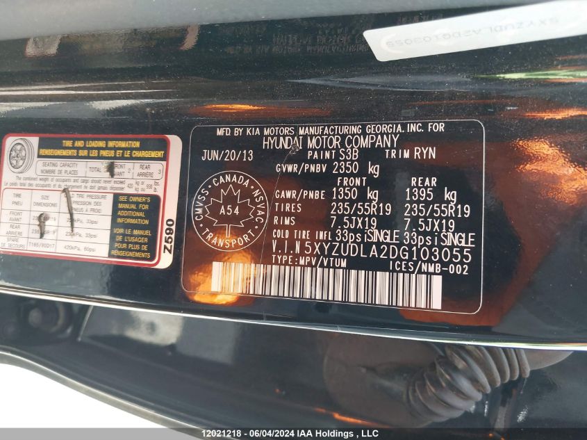 2013 Hyundai Santa Fe Sport 2.0T Se VIN: 5XYZUDLA2DG103055 Lot: 12021218