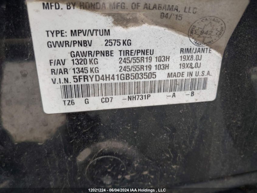 2016 Acura Mdx VIN: 5FRYD4H41GB503505 Lot: 12021224