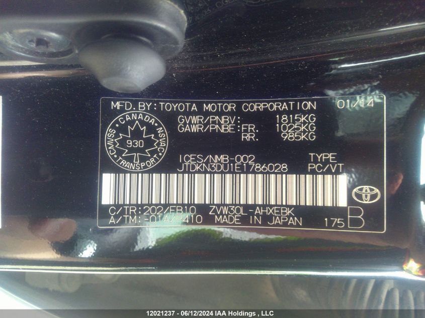 2014 Toyota Prius VIN: JTDKN3DU1E1786028 Lot: 12021237