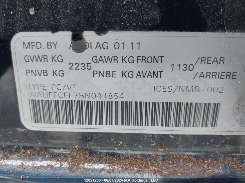 2011 Audi A4 VIN: WAUFFCFL7BN041854 Lot: 12021238