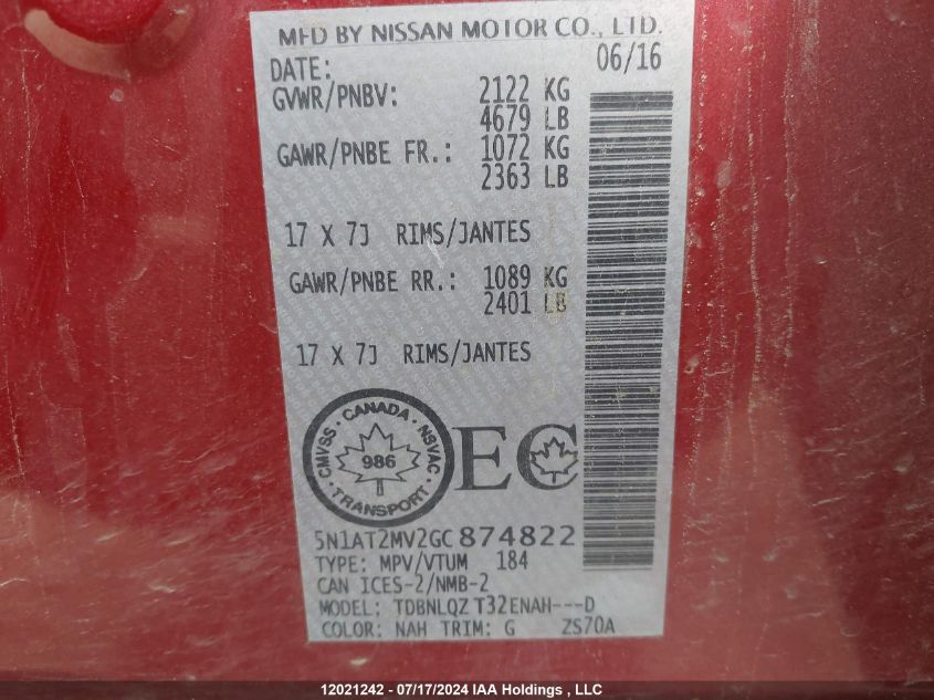 2016 Nissan Rogue VIN: 5N1AT2MV2GC874822 Lot: 12021242