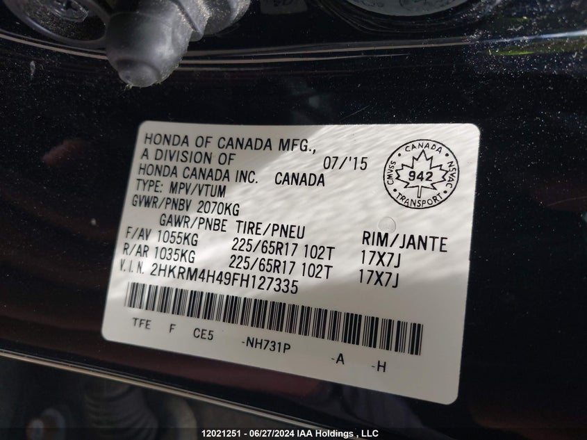 2015 Honda Cr-V VIN: 2HKRM4H49FH127335 Lot: 12021251