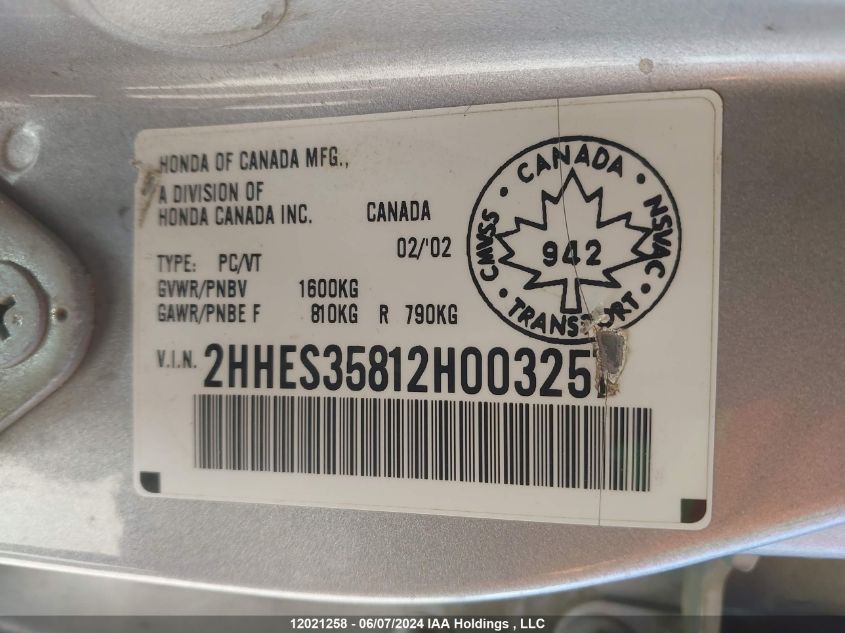 2002 Acura El VIN: 2HHES35812H003257 Lot: 12021258