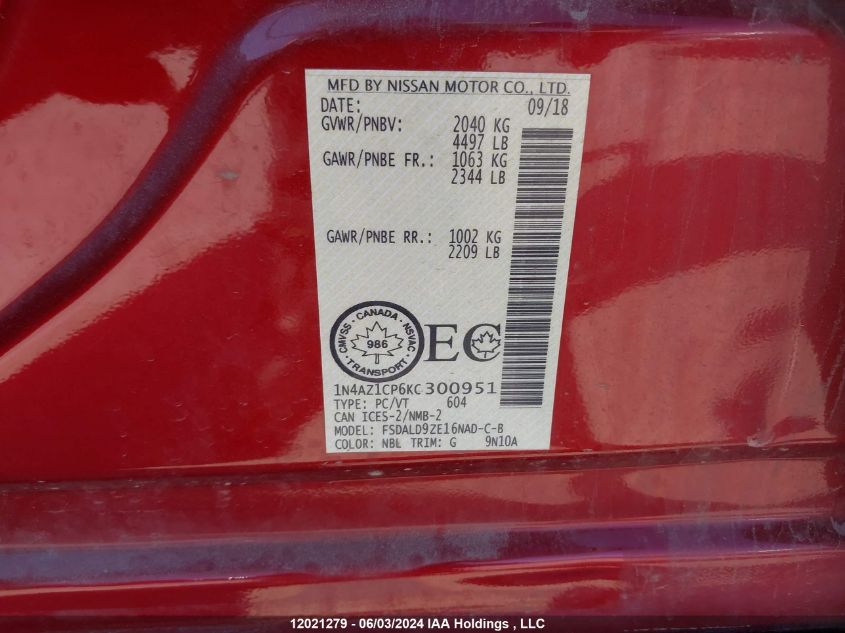 2019 Nissan Leaf S/Sl/Sv VIN: 1N4AZ1CP6KC300951 Lot: 12021279