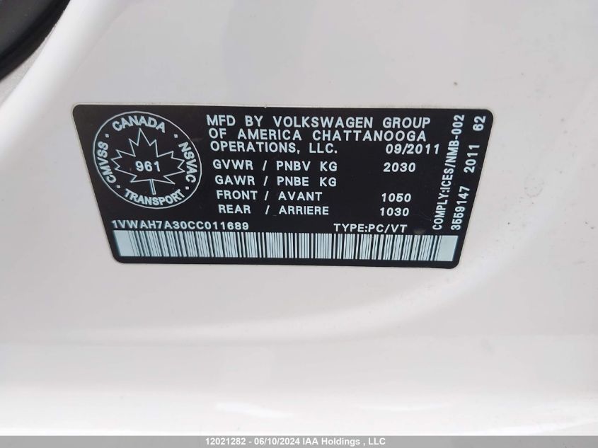 2012 Volkswagen Passat VIN: 1VWAH7A30CC011689 Lot: 12021282