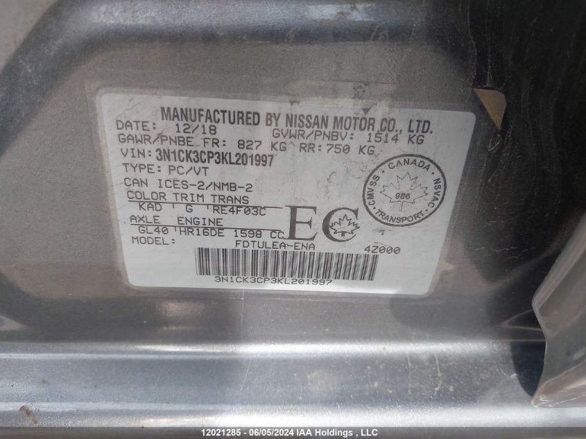 2019 Nissan Micra VIN: 3N1CK3CP3KL201997 Lot: 12021285