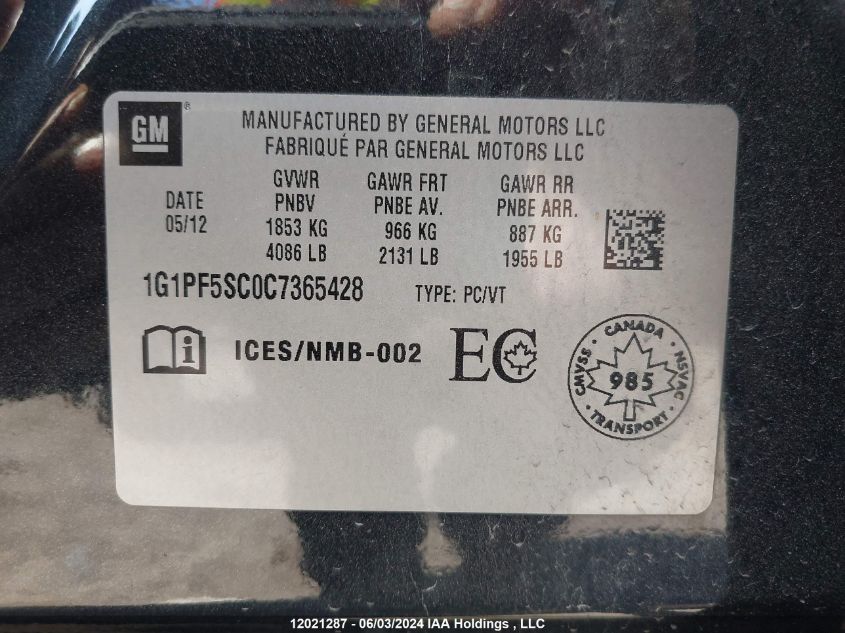 2012 Chevrolet Cruze VIN: 1G1PF5SC0C7365428 Lot: 12021287