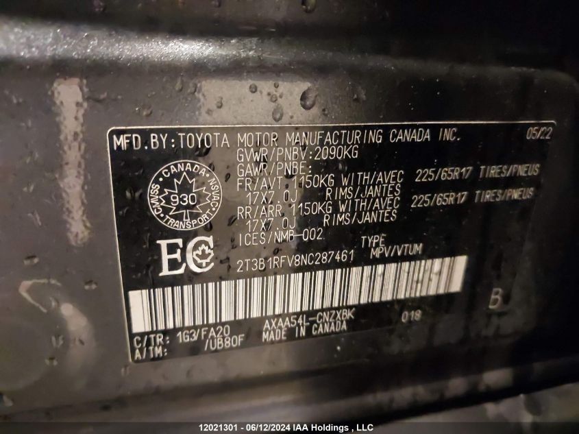 2022 Toyota Rav4 Le VIN: 2T3B1RFV8NC287461 Lot: 12021301