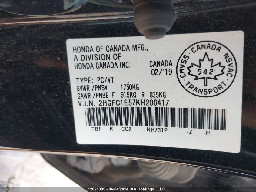 2019 Honda Civic Si Si VIN: 2HGFC1E57KH200417 Lot: 12021305