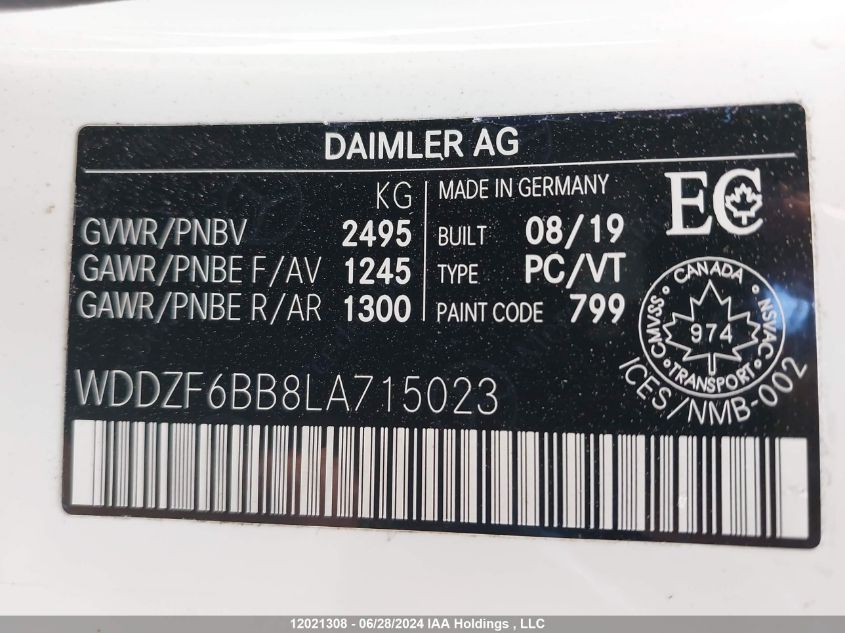 2020 Mercedes-Benz E-Class VIN: WDDZF6BB8LA715023 Lot: 12021308