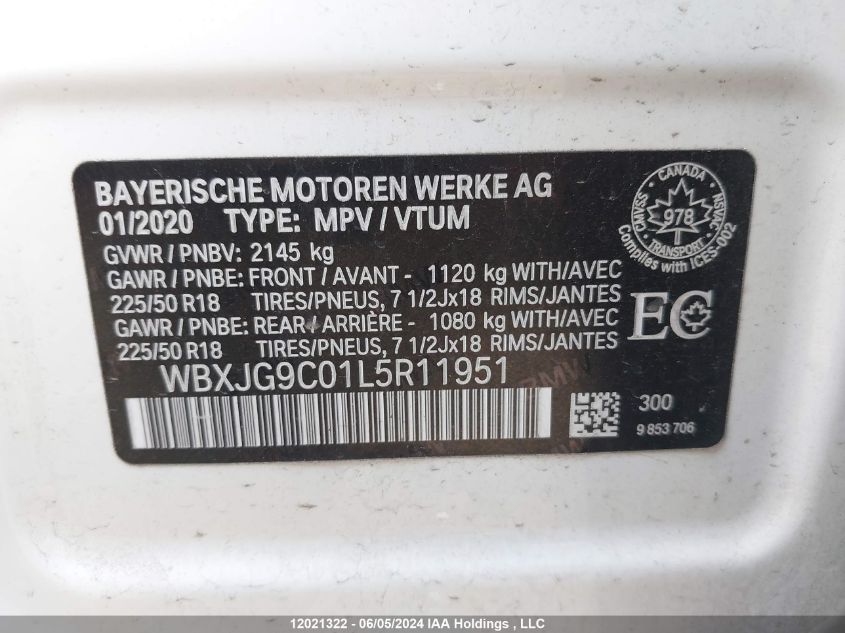 2020 BMW X1 xDrive28I VIN: WBXJG9C01L5R11951 Lot: 12021322