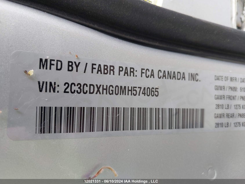 2021 Dodge Charger Gt VIN: 2C3CDXHG0MH574065 Lot: 12021331