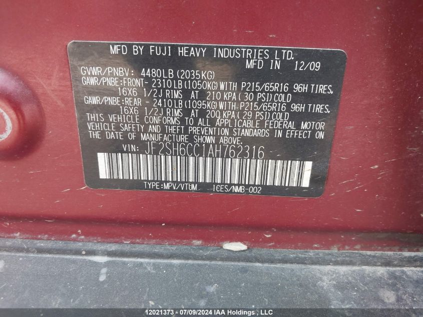 2010 Subaru Forester VIN: JF2SH6CC1AH762316 Lot: 12021373