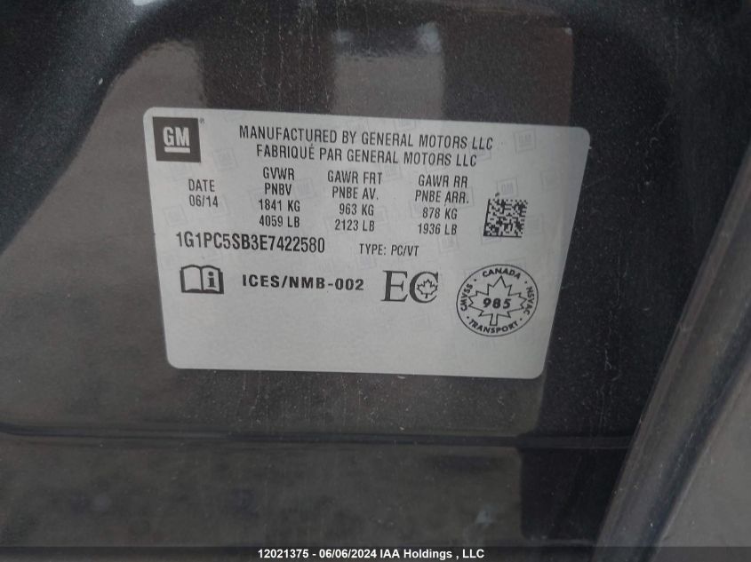 2014 Chevrolet Cruze Lt VIN: 1G1PC5SB3E7422580 Lot: 12021375