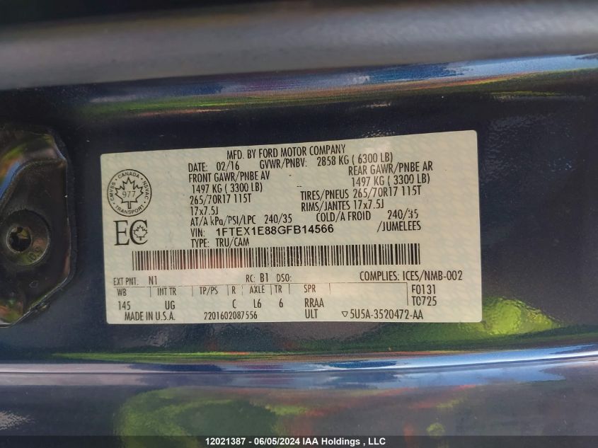 2016 Ford F-150 Xlt VIN: 1FTEX1E88GFB14566 Lot: 12021387