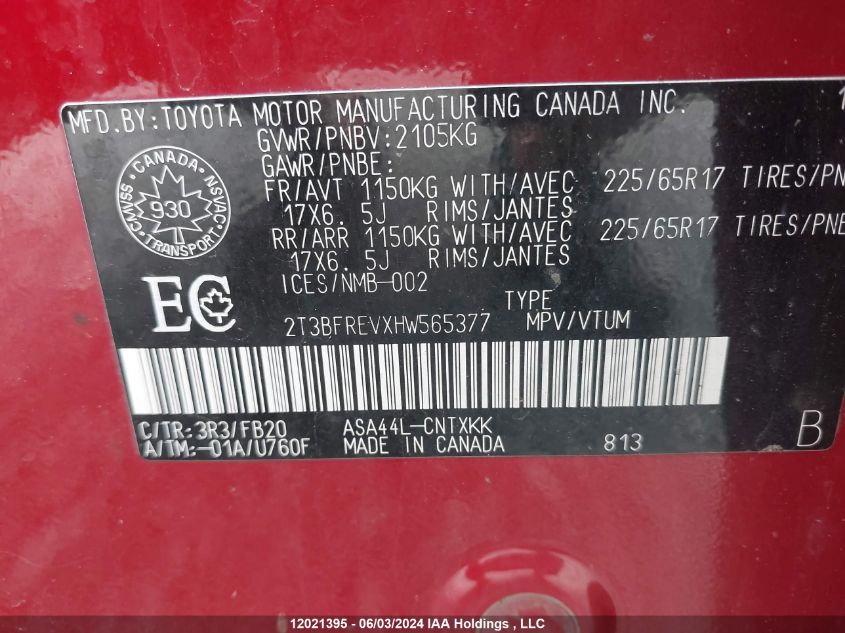 2017 Toyota Rav4 Le VIN: 2T3BFREVXHW565377 Lot: 12021395