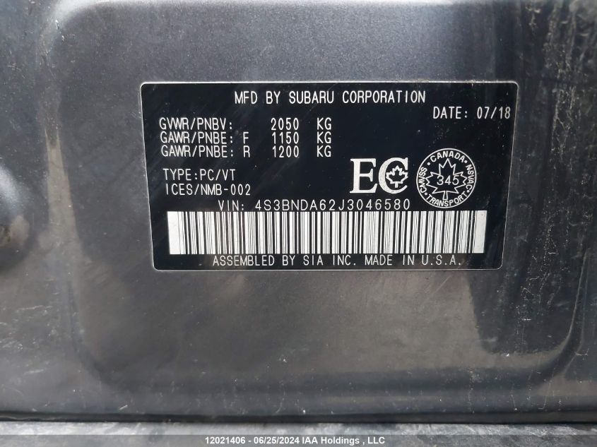 2018 Subaru Legacy VIN: 4S3BNDA62J3046580 Lot: 12021406