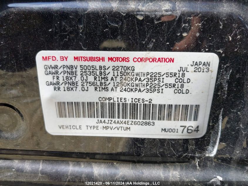 2014 Mitsubishi Outlander VIN: JA4JZ4AX4EZ602863 Lot: 12021420